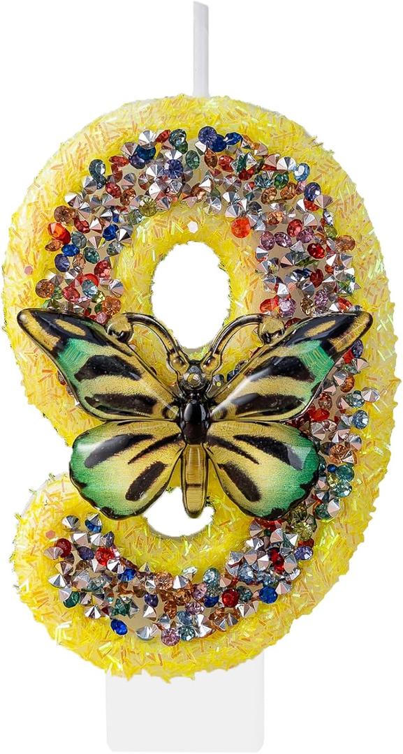 Butterfly Birthday Candles 9th Diamond Butterfly Birthday Cake Decorations,Glitter Candles 5D Visual Butterfly Cake Toppers Diamond for Fairy Birthday Parties Cake Decor and Other Celebrations
