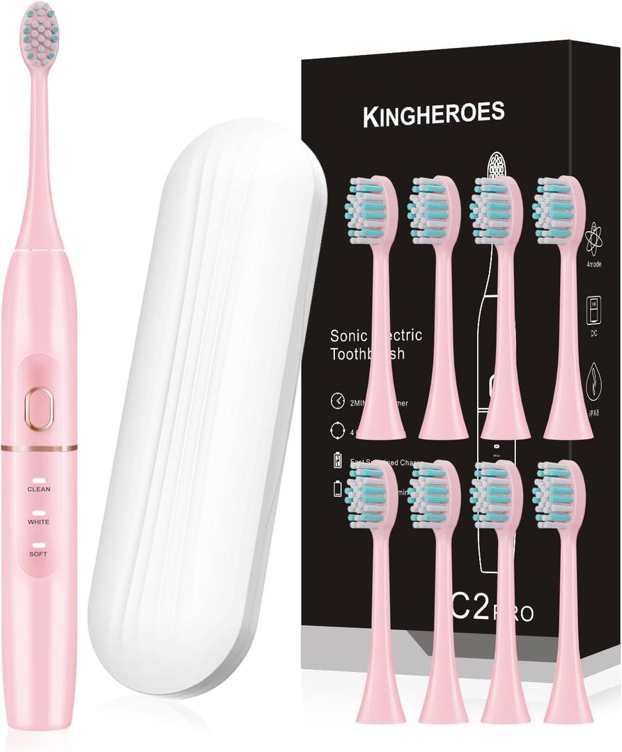 kingheroes Electric Toothbrush Set, Comes with 8 Brush Heads & Travel Case,4 Modes with 2 Minutes Built in Smart Timer, One Charge for 60 Days, 42000 VPM Motor (Pink)
