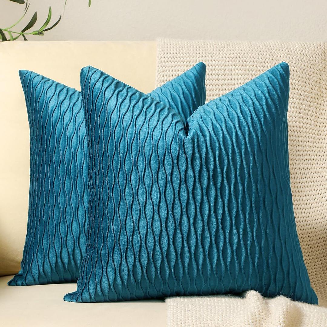 DEZENE Turquoise Throw Pillow Cases 22x22: 2 Pack Inch Original Striped Velvet Square Decorative Pillow Covers for Farmhouse Couch