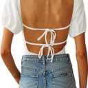 oten Womens Tie Back Sexy Bodysuit for Going Out Puff Sleeve Scoop Neck Open Back Bodysuits Solid Backless One Piece Leotards White X-Large