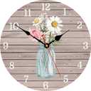 Kitchen Wall Clock 8 Inch Battery Operated Vintage Round Wooden Wall Clocks Classic Flowers in Glass Bottle Style Pattern Art Decor Silent Wall Clock for Home Office Decoration