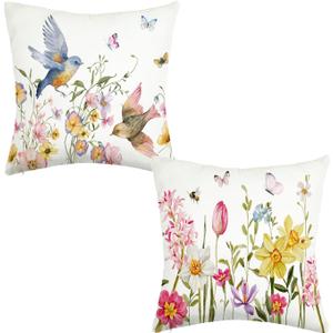 Spring Pillow Covers 18x18 Inch Set of 2 Summer Floral Flower Bird Butterfly Outdoor Throw Cushion Case Decorations for Home Porch Sofa Couch