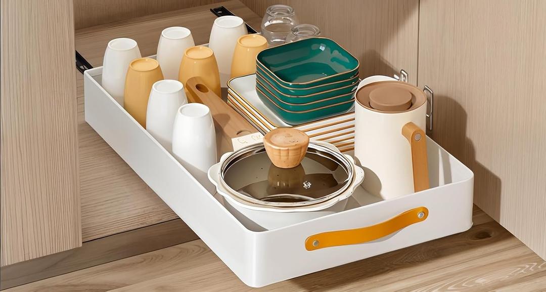 Pull out Cabinet Organizer, Heavy Duty Slide Out Drawers for Kitchen Cabinets, Pantry Shelves Fixed With Adhesive Nano Film, Pull Out Drawers with Leather Handle,12" W x19 D x 2.5" H (1PC)