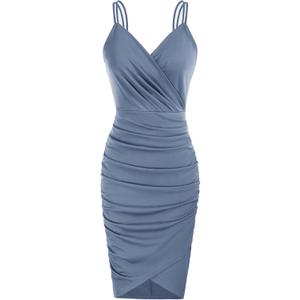 GRACE KARIN Women's Sexy Spaghetti Straps Cocktail Dresses for Wedding Guest Ruched V-Neck Bodycon Dress (XX-Large, Solid Blue Gray)