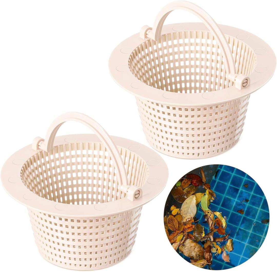 Wenqik 2 Pcs Pool Skimmer Basket with Handle, Leaves Removal Swimming Pool Filter Replacement Basket, Plastic Pool Strainer Basket for Swimming Pools Cleaning, Measures 6.18" Across the Top(Beige)