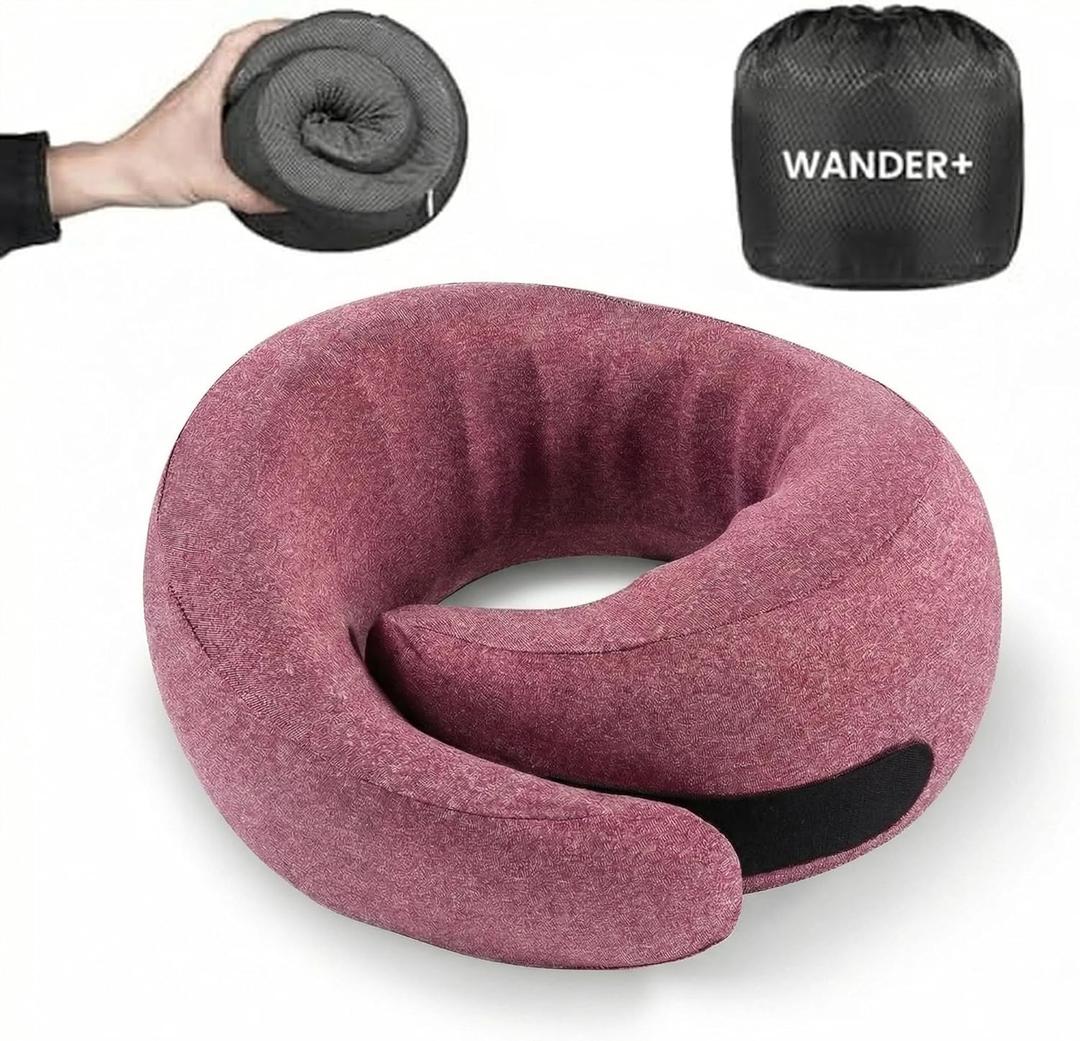 WANDER PLUS Travel Pillow, 100% Pure Memory Foam Travel Neck Pillow Airplane Neck Support Ergonomic Design Best for Sleeping Plane Car Train Office Flight for Adults, Violet