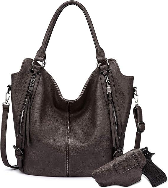 Concealed Carry Hobo Purse for Women Faux Leather Crossbody Shoulder Bags Large Tote Bag with Detachable Holster (Grey Brown)