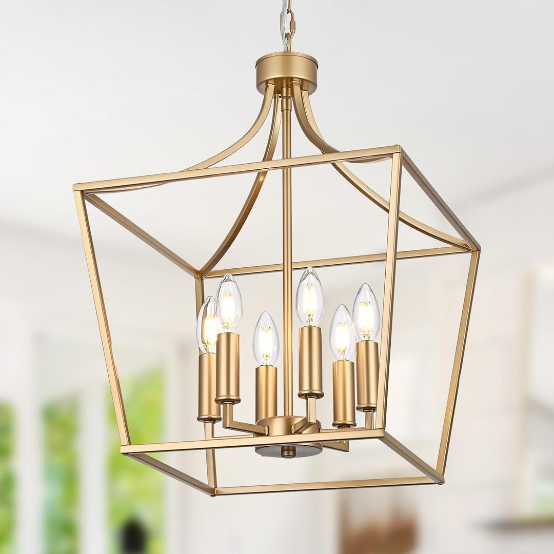 6-Light Gold Large Cage Chandelier, Modern Pendant Light Fixtures Kitchen Island Lighting for Foyer Hallway Entryway, E12 Bulb Base