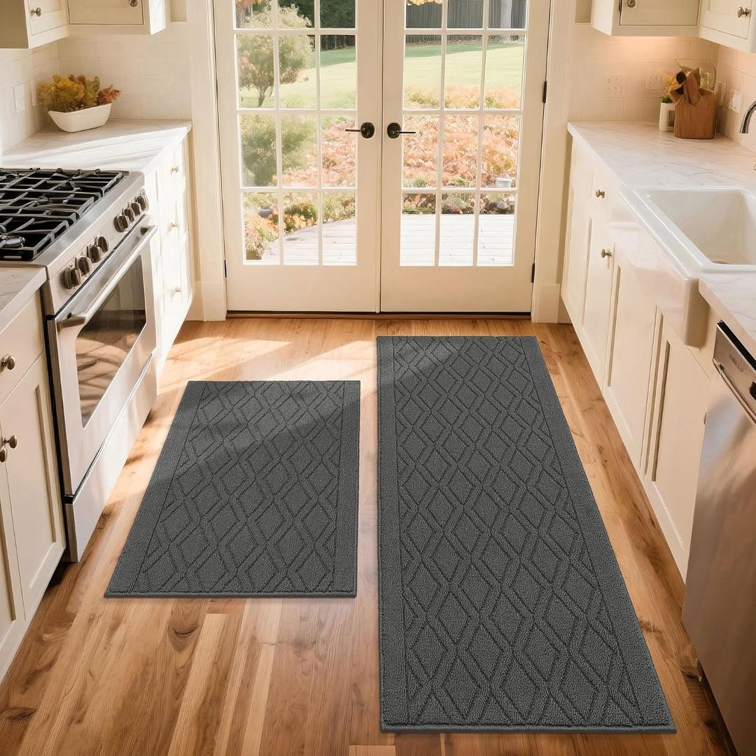 COSY HOMEER 60x24Inch/35X24Inch Kitchen Rugs Sets Non-Slip Washable Kitchen Mats for Floor Polypropylene Absorbent Kitchen Runner for Kitchen Sink Hallway Entryway(Grey) (24"x35"+24"x60")