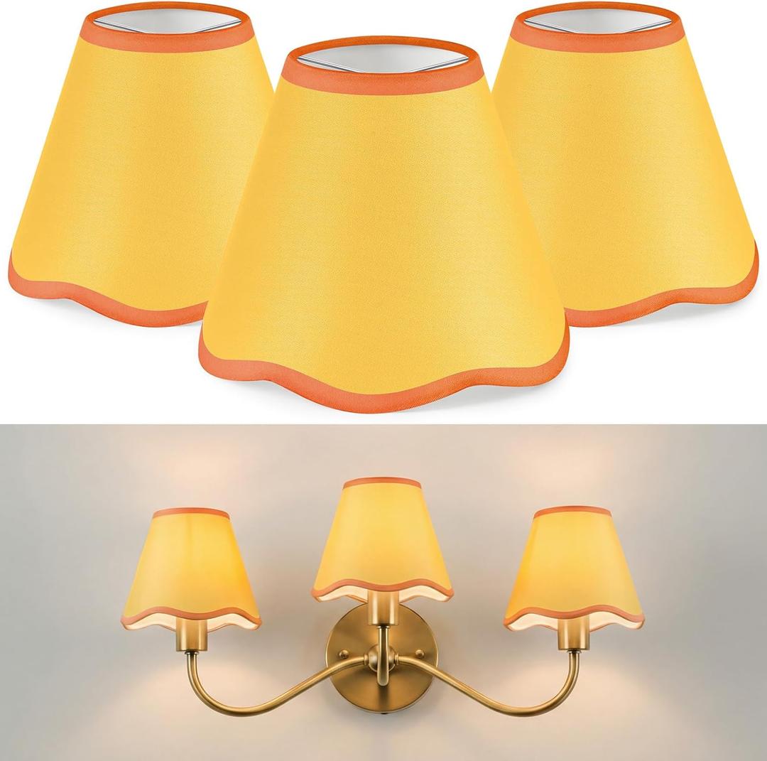 VIHOSE 3 Pack Chandelier Lamp Shades Mini Scalloped Bell Shade With Petal Edges 2.9" Top x 5.9" Bottom x 5.1"High Fabric Lampshade Clip On Bulb For Wall Living Room Bedroom Easy Assembly (Orange)