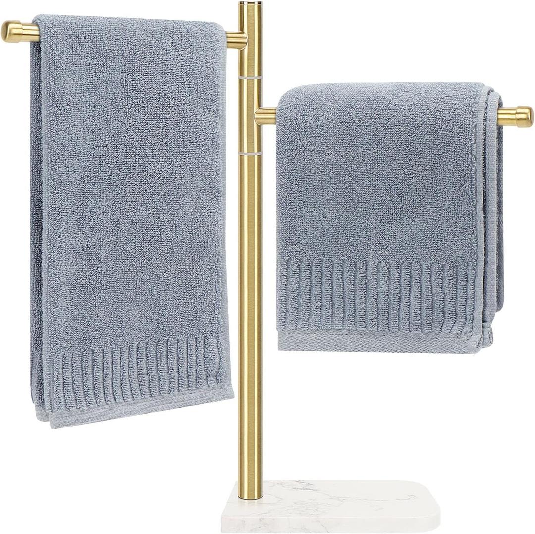 Standing Hand Towel Holder, Hand Towel Stand with Marble Base, 304 Stainless Steel Towel Rack with 2 Swivel Arm, Countertop Stand Towel Ring Towel Bar for Bathroom (Gold)