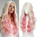YBYMCAI Blonde and Pink Wig Long Wavy Wigs for Women Middle Part 26 inch Natural Curly Synthetic Wig Heat Resistant Fiber Wigs for Daily Party Use