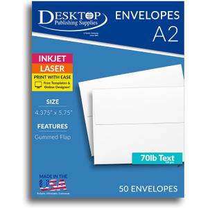 50 Pack White A2 Envelopes  Premium 28lb Bond  Square Gummed Flap - Ideal for Invitations, Cards & Crafts  Made in the USA
