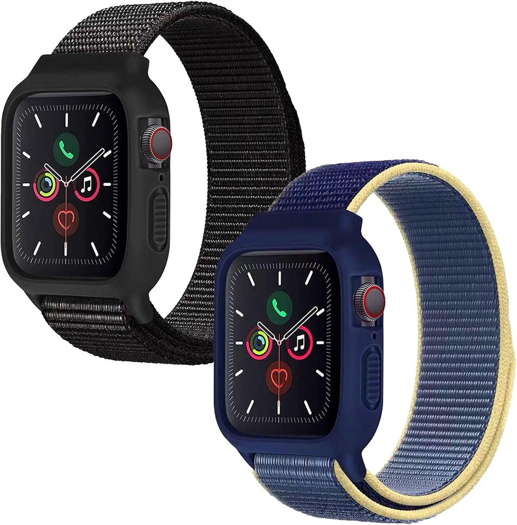 Band with Case Compatible with Kids Apple Watch Band 46mm 45mm 42mm 41mm 44mm 40mm, Protective Silicone Bumper with Sport Loop Nylon Strap for Series 10/9/8/7/6/5/4/SE2/SE for Boys Girls (Black+Yellow Blue)