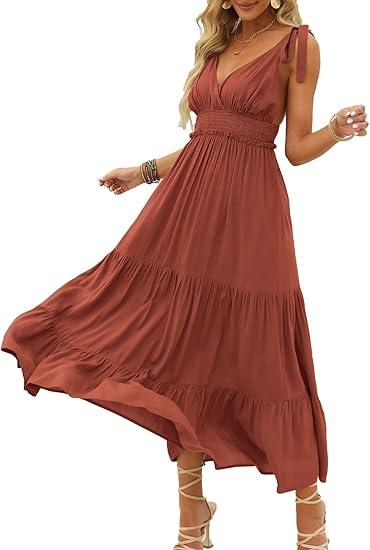 DEEP SELF Women's Summer V Neck Tie Strap Maxi Dress Halter Ruffle Hem Long Dresses Spaghetti Strap Long Flowy Dresses, Rusty Red, Medium