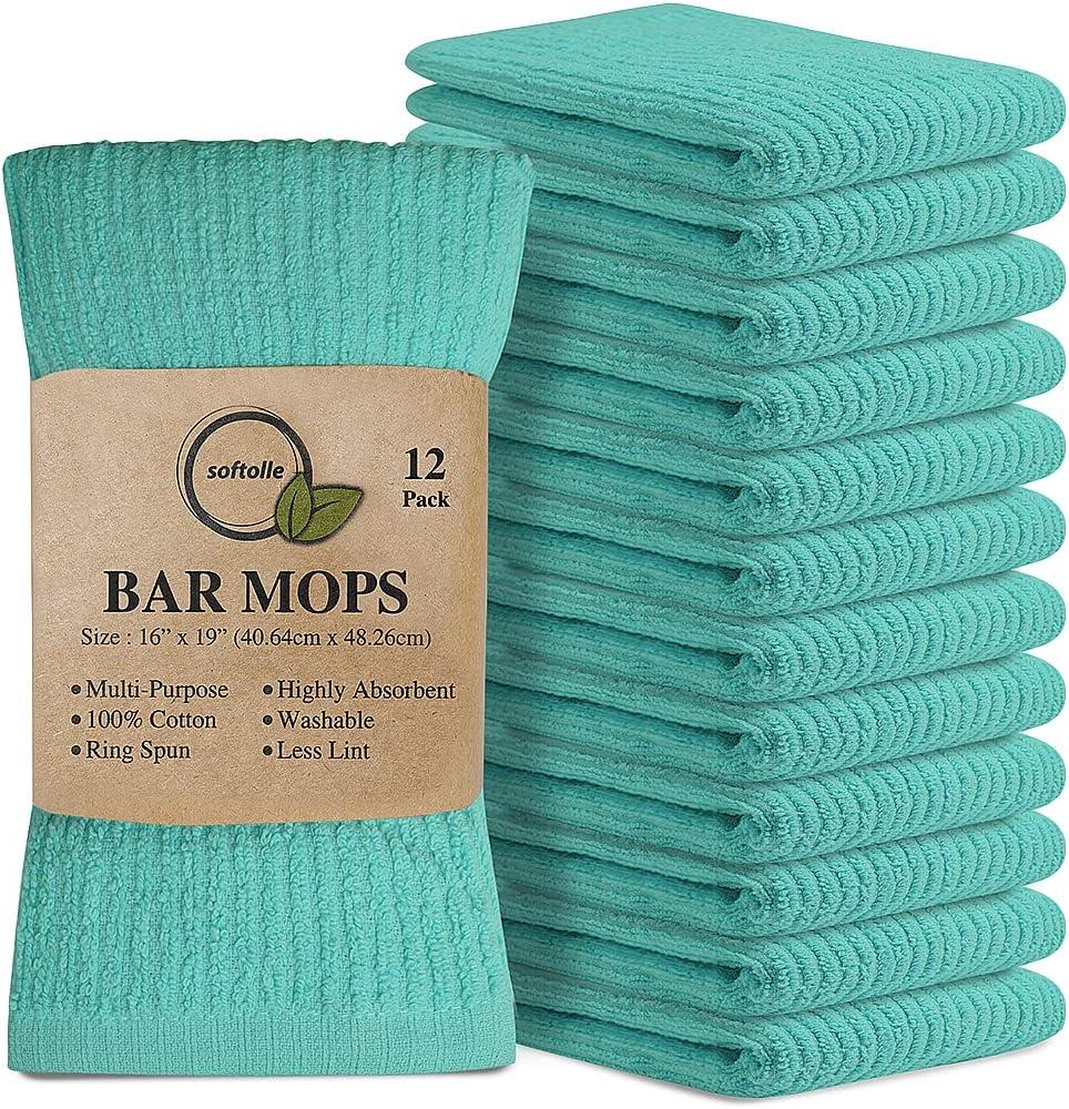 Softolle Bar Mop Towels, Pack of 12-16x19 Inches - 100% Cotton Super Absorbent Towels, Multi-Purpose for Home and Bar Cleaning (Aqua)