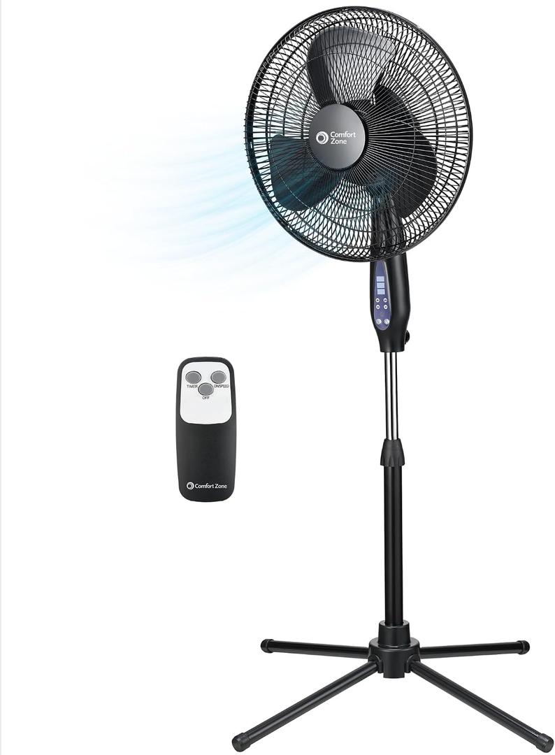 Comfort Zone 16-Inch Oscillating Pedestal Fan with Remote Control, 3-Speed High-Velocity Cooling, Adjustable Height & Tilt, Quad-Pod Folding Base, Black ETL Listed
