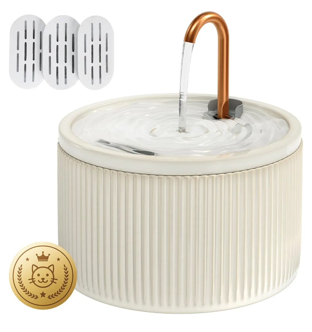 DOOOB Ceramic Cat Water Fountain, 2.1L/71oz Ceramic Cat Fountains, Automatic Pet Water Fountain for Cats, Pet Water Fountain with Ultra-Quiet Pump and 3 Filters & 3 Sponges (Beige)