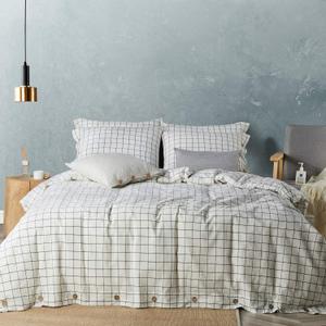 JELLYMONI Cotton Duvet Cover Queen Size - White Grid Plaid Comforter Cover with Button 100% Washed Cotton 3PCS Breathable Soft Bedding Set Duvet Cover 9090in & 2 Pillowcases (NO Comforter) (Queen(90"90"), White Grid)