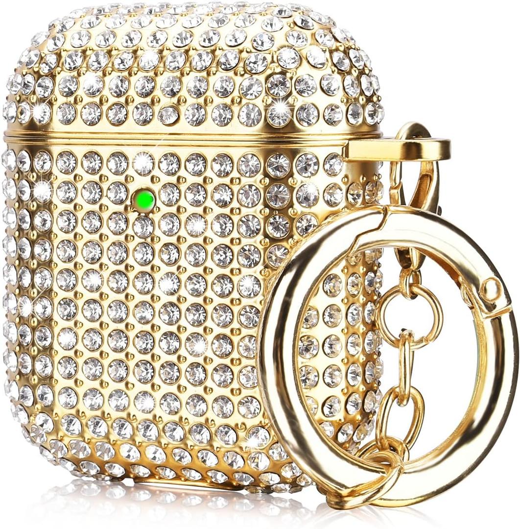 Case for Airpods 2/1, Filoto Bling Crystal PC AirPod 1st/2nd Generation Case Cover for Women Girls, Cute Air Pod Hard Protective Accessories with Lobster Clasp Keychain for Apple Airpods (Gold)