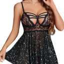 Avidlove Women Lingerie Lace Babydoll Sexy Chemise Nightwear Teddy V Neck Sleepwear Boudoir Outfits (Large, Black Star)