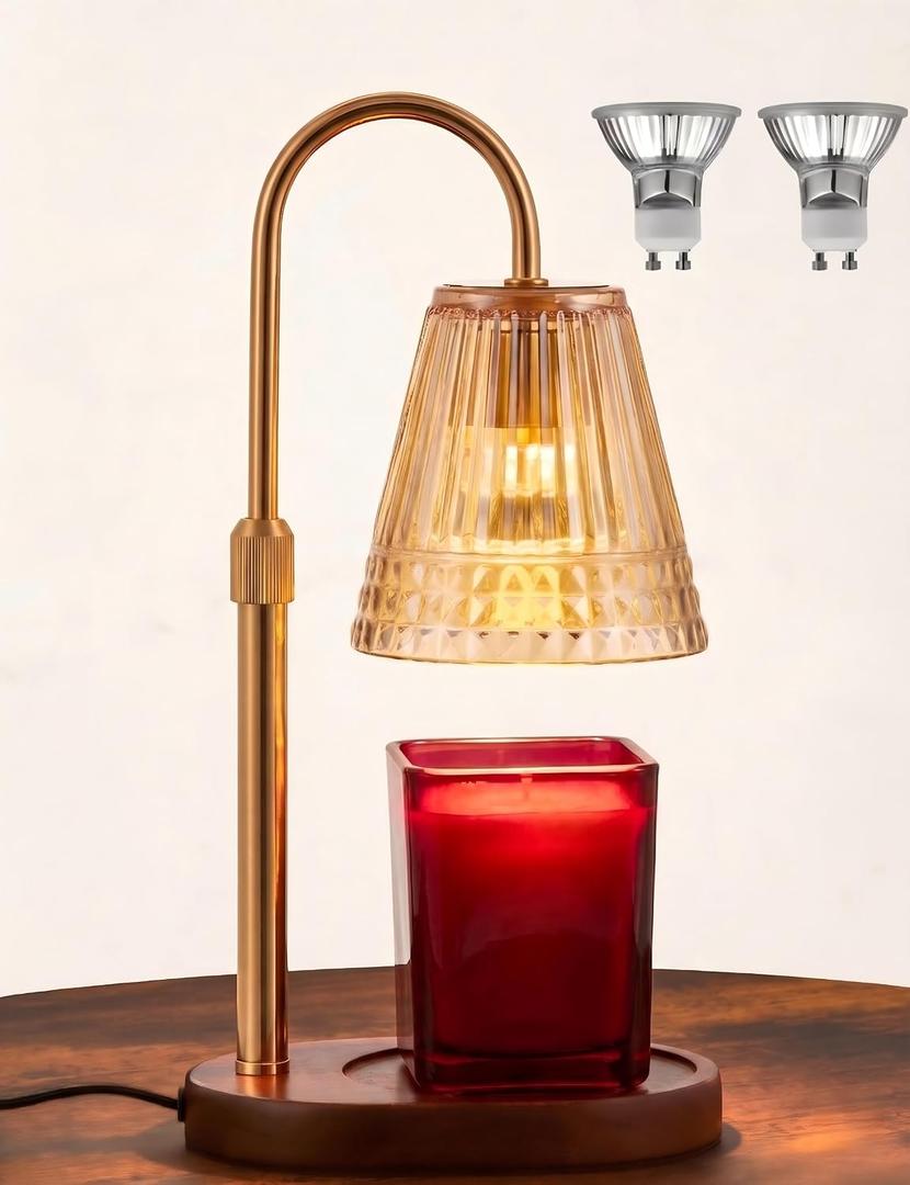 Candle Warmer Lamp with Dimmer & Timer, Adjustable Height for Jar Candles, Birthday Gifts for Mom Women Sister, Housewarming for New Home Decor, Wax Warmer with 2 Bulbs (Honey-Gold)