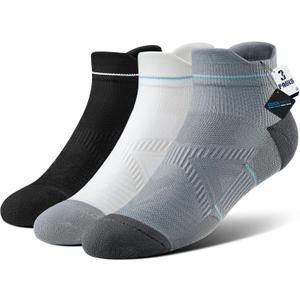 BRISIRA Coolmax Bamboo Viscose Women Compression Running Ankle Socks No Show Athletic Wicking Thick Cushioned Arch Support (5-7, Black + White + Grey High)