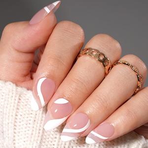 White French Tip Press on Nails Maigitur Medium Almond French Nail Tips Pink Bed 120Pcs Gel Nail Tips Swirl Strip Press on Nails in 15 Sizes Reusable Fake Nails for Women Girls Manicure