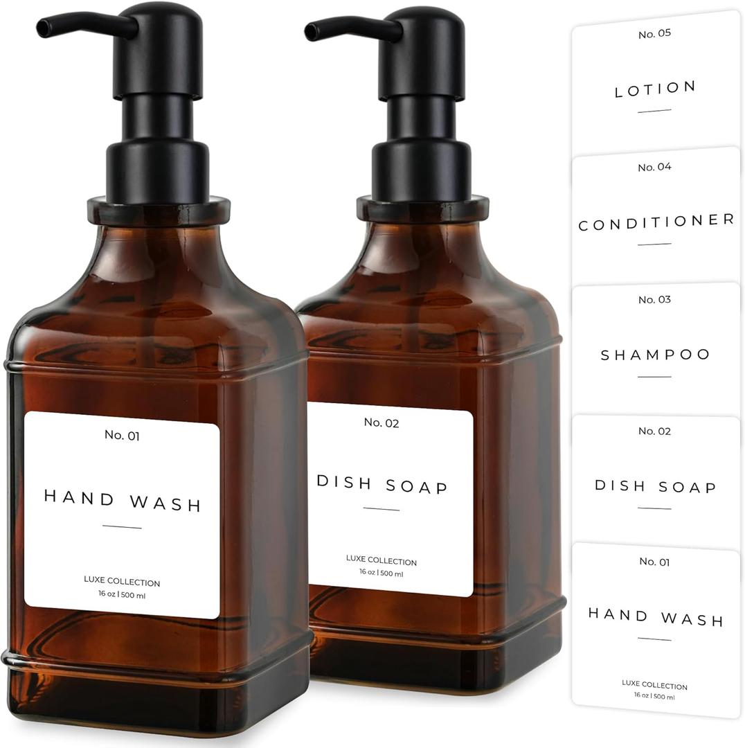 Emerson Essentials Soap Dispenser, Dish Soap Dispenser, Soap Dispenser Bathroom Set, Hand Soap Dispenser, Kitchen Soap Dispenser Set, Glass Soap Dispenser with Pump and Labels | 16 Oz 2-Pack (Amber | Black)