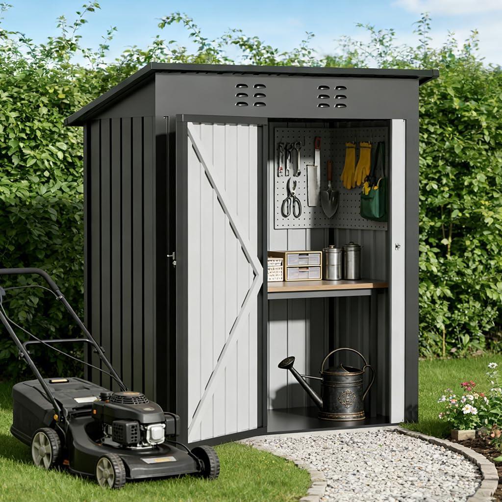 COMHOMA Shed Storage Outdoor Metal Windowed Lockable Solar Motion Light Adjustable Weatherproof Ventilated Backyard Garden Utility Workshop(Grey,5'*3') (Gray)