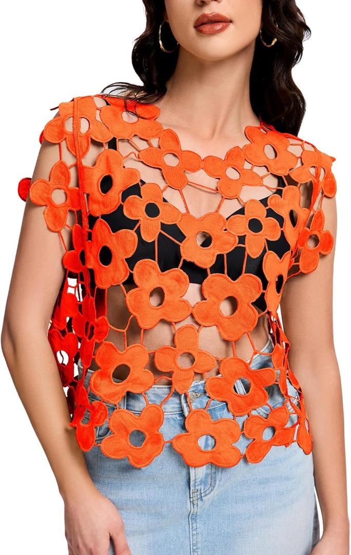 Flygo Hollow Out Floral Lace Crop Top for Women 2025 Trendy Oversized Sleeveless Crochet Vest Coverup Y2K Going Out Tops (Small, Orange)