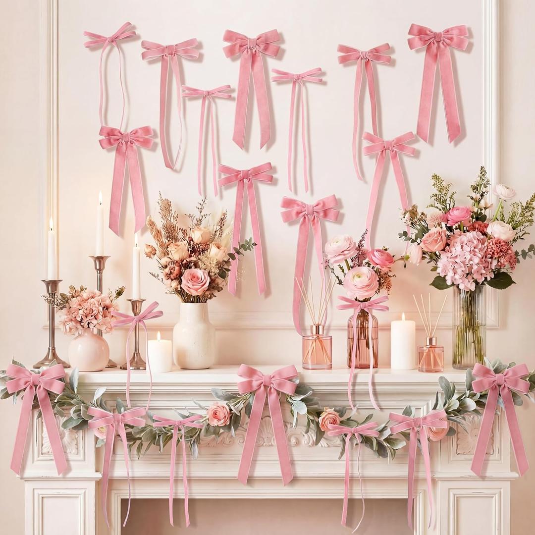 24 Pcs Pink Vintage Velvet Bows Ornaments, 5x10 Inch Luxury 3 Assorted Widths for Baby Shower Bridal Christmas Birthday Valentine's Day, Reusable Coquette Room Wall Backdrop Photo Decor