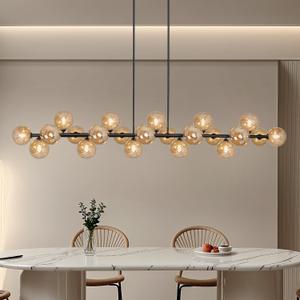 Modern Linear Chandelier for Dining Room, 70 Inch Linear Chandelier, 22-Light Modern Sputnik Chandelier with Amber Striped Glass Globe, Large Island Pendant Light for Kitchen, Adjustable Height