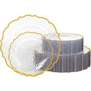 100 PCS Clear Stone Texture Plastic Plates with Gold Rim, Heavy-duty Clear Disposable Plates, Include 10" Dinner Plate and 7" Salad Plate for Party and Wedding