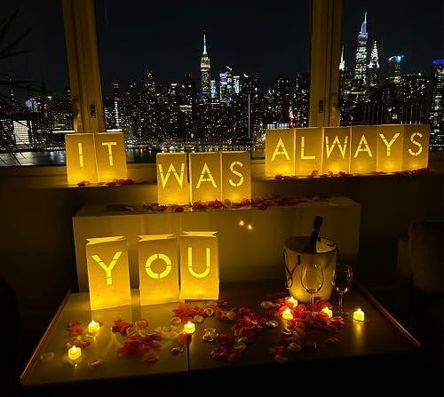 WYMM "It was Always You" Light Up Letters with Tea Lights Candles and Rose Petals Included - Luminary Paper Bags to be Used as Anniversary Decorations and Proposal Decorations for Your Loved One