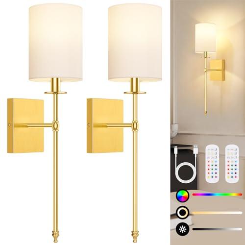24.8 Inch Wall Sconces Battery Operated Set of 2, Rechargeable Wireless Wall Sconces Lights with Remote, Not Hardwired Dimmable Gold Wall Lamps with White Fabric Shade for Bedroom, 2 Bulbs Included