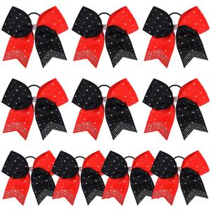 DEEKA 10 PCS Rhinestones Two Toned Large Cheer Hair Bows 7" Glitter Cheer Ponytail Holder Handmade for Teen Girls Softball Cheerleader Sports -Red/Black (1 Count (Pack of 10), Red/Black(Pack of 10))