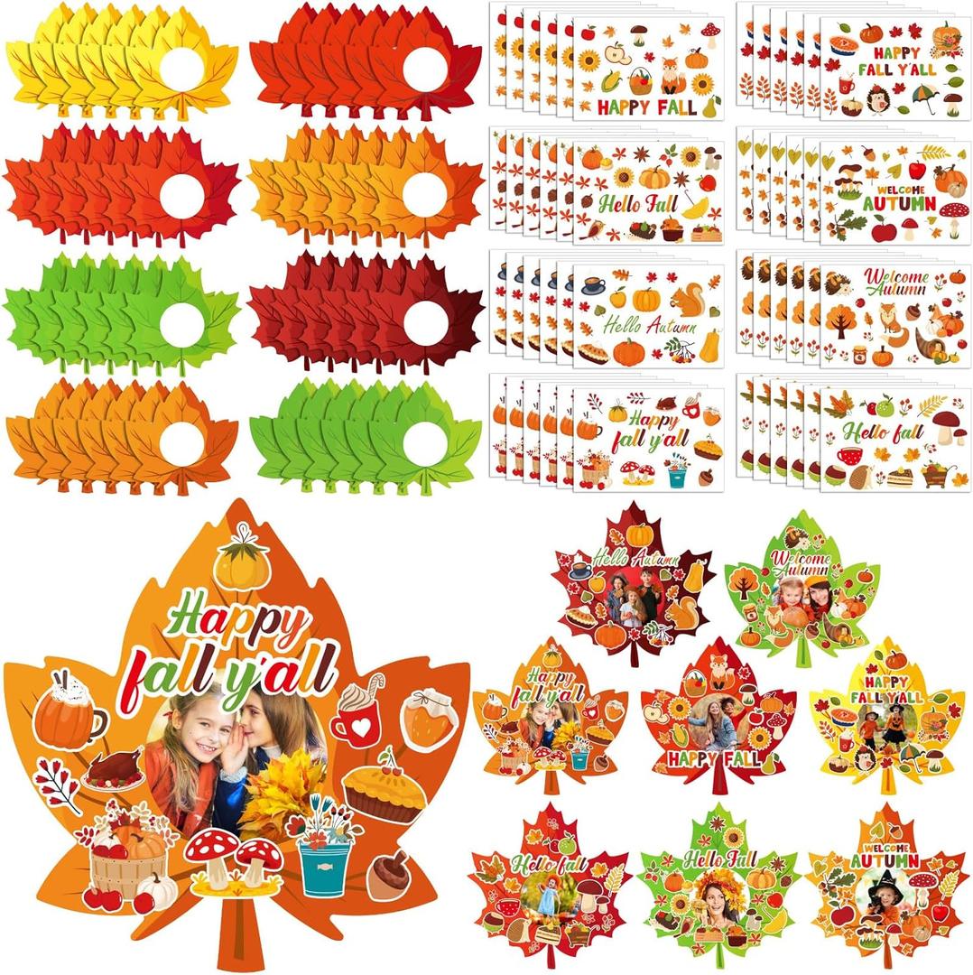 Jetec 48 Packs Thanksgiving Fall Picture Frame Craft Kits Maple Leaf Shape DIY Photo Frame with Stickers Make Your Own Picture Craft for Autumn Home Classroom Decor (Yellow)