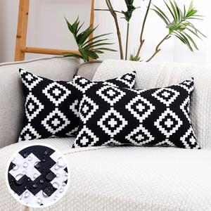 CARRIE HOME Black and White Outdoor Lumbar Pillows 12x20 Waterproof Set of 2, Black Porch Lumbar Pillow Covers 12 x 20, Outdoor Patio Decor for Patio Furniture, RV, Backyard, Deck, Trailer, Camping
