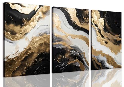 ZQARTZZQ 3 Piece Framed Wall Art Abstract Wall Decor Black Gold Pictures Marble Canvas Art Modern Minimalism Paintings Artwork For Living Room Bedroom Office 12x16in