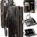 Defencase Compatible with iPhone 15 Case Wallet with RFID Blocking Card Holder for Women and Men, Fashion PU Leather Magnetic Snap Flip Zipper Strap Wallet Phone Case Fit for iPhone 15 6.1", Coffee