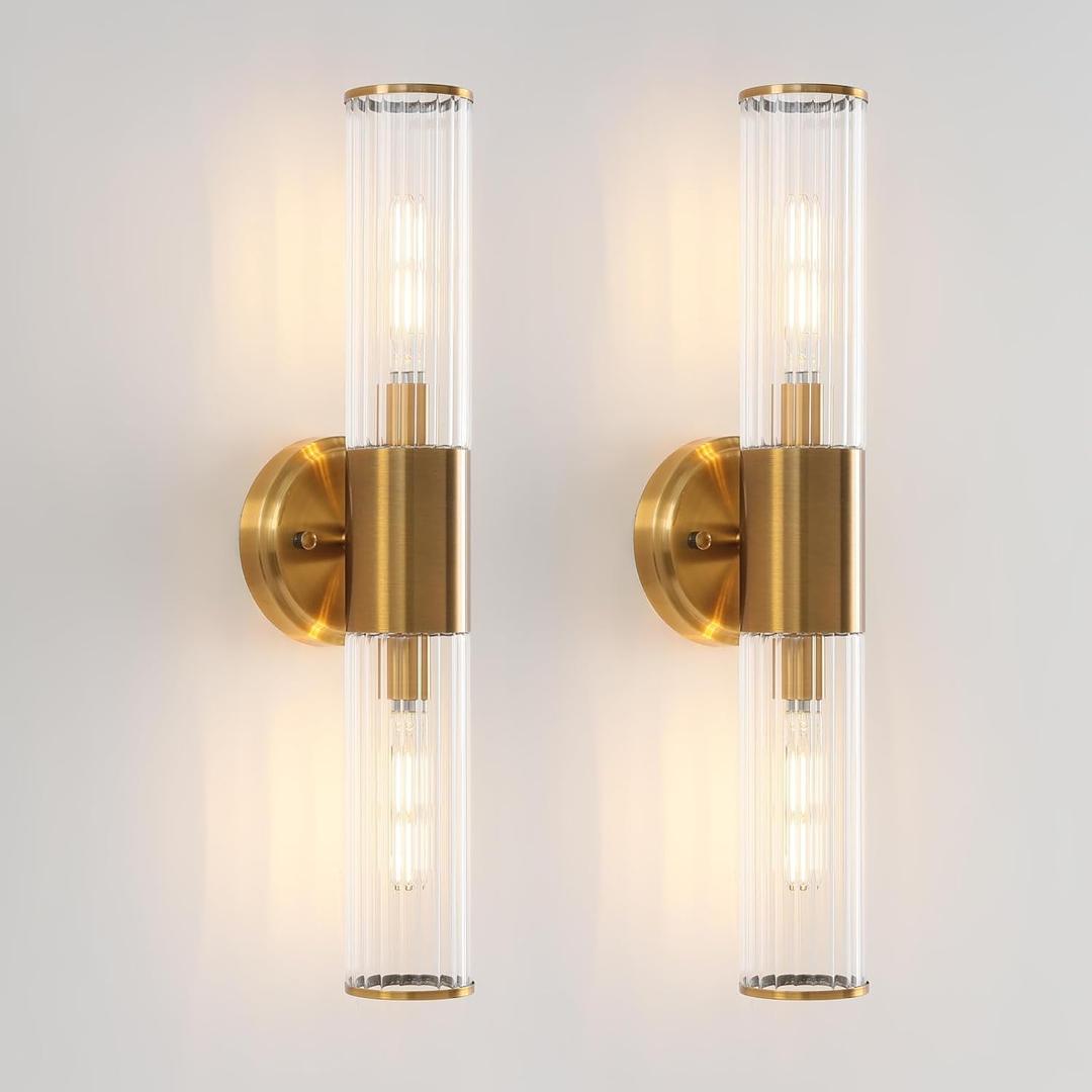 Wall Sconces Set of Two Brushed Gold Wall Mounted Lamp Indoor Sconces Wall Lighting with Stripped Glass Shade Modern Wall Light Fixtures Bathroom Sconces Wall Decor Set of 2,28in
