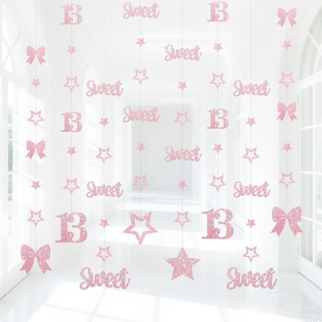 2 x Pink Rose Gold Sweet 13 Decorations for Girls Kit,Pre-Strung 13th Glitter Twinkle Stars, Bows & Number 13 Birthday Hanging Streamer Banner Supplies,Happy Thirteen Party Dcor Supplies