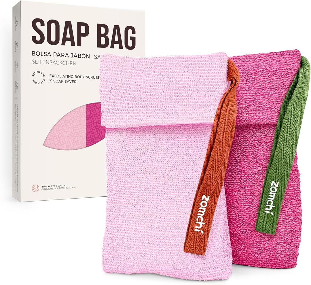ZOMCHI Soap Bags, Soap Savers for Bar Soap with Different Exfoliating Level, Soap Pouch for Body Wash (2 Pieces, Pink)