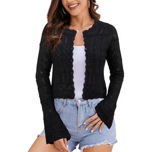 Women's Cropped Cardigan Sweater Bell Long Sleeve Lightweight Crochet Button Down Knit Bolero Shrugs for Dresses M 