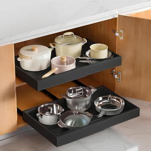Expandable Pull Out Cabinet Organizer 21" Deep with 2 Magnetic Dividers and Cleaning Brush- Black Slide Out Drawer for Kitchen, Under Sink & Pantry (12.6-21)