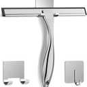 All-Purpose Stainless Steel Shower Squeegee for Shower Glass Door with 2 Adhesive Hooks, Bathroom Cleaner Tool Household Window Mirror Squeegee , Cleaning Tile Wall, Car, 10 Inch Silver