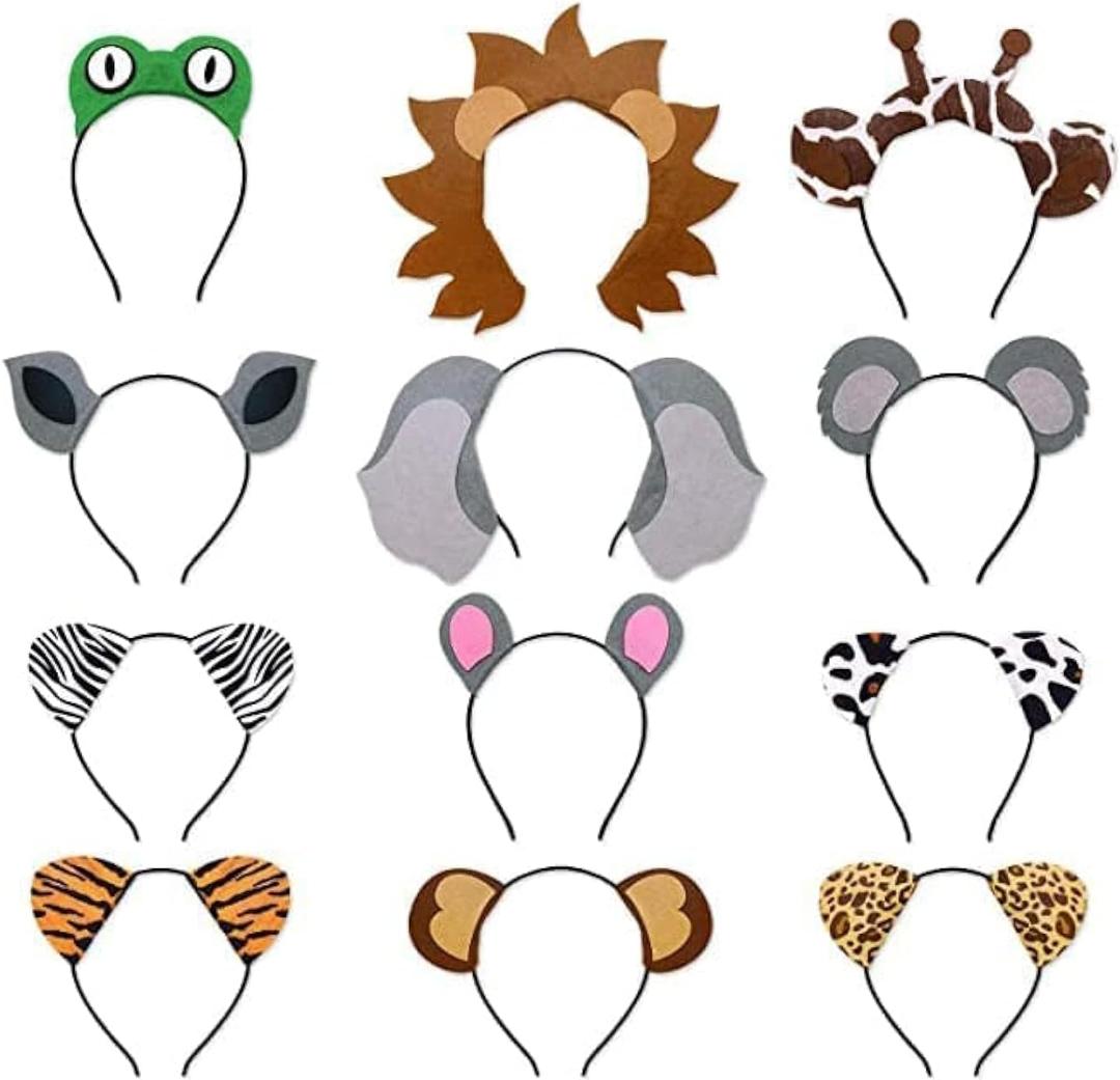 12pcs Jungle Animal Safari Headbands with Animal Hair Hoops - Photo Booth Props, Party Favors and Decorations for Kids and Adults