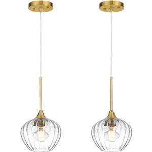 2Pack Glass Pendant Light, 7 Inch Modern Glass Pendant Light Fixture Brushed Gold Ceiling Hanging Lighting for Kitchen Island Dining Room Bathroom Bar Restaurant (Clear)