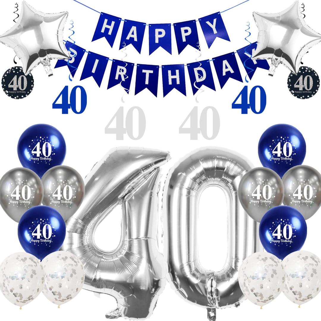3 x Pargleev Silver 40th Birthday Decorations for Men Women, Number 40 Balloons